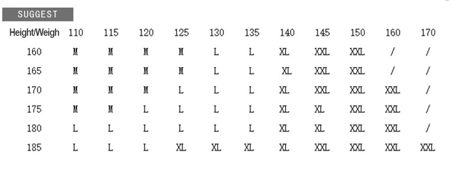 size chart - men's jacket - forstep style -recommended size chart